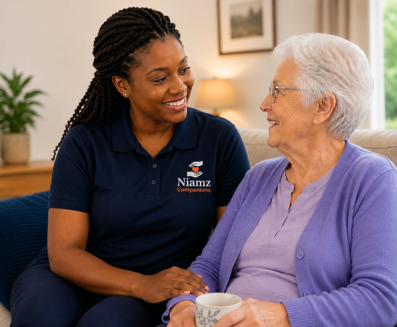 A Niamz companion in uniform sitting and chatting warmly with an older woman holding a cup of tea