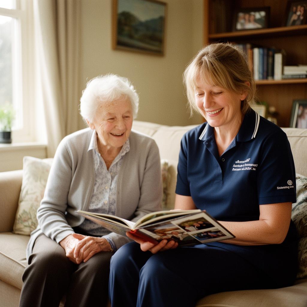 A Niamz companion looking through a photo album with an older woman