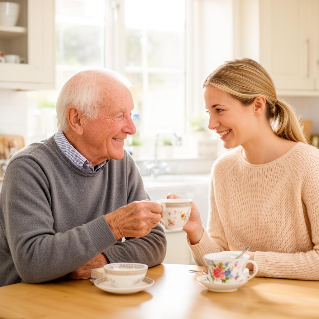 A Niamz companion sharing tea with an older gentleman in his kitchen