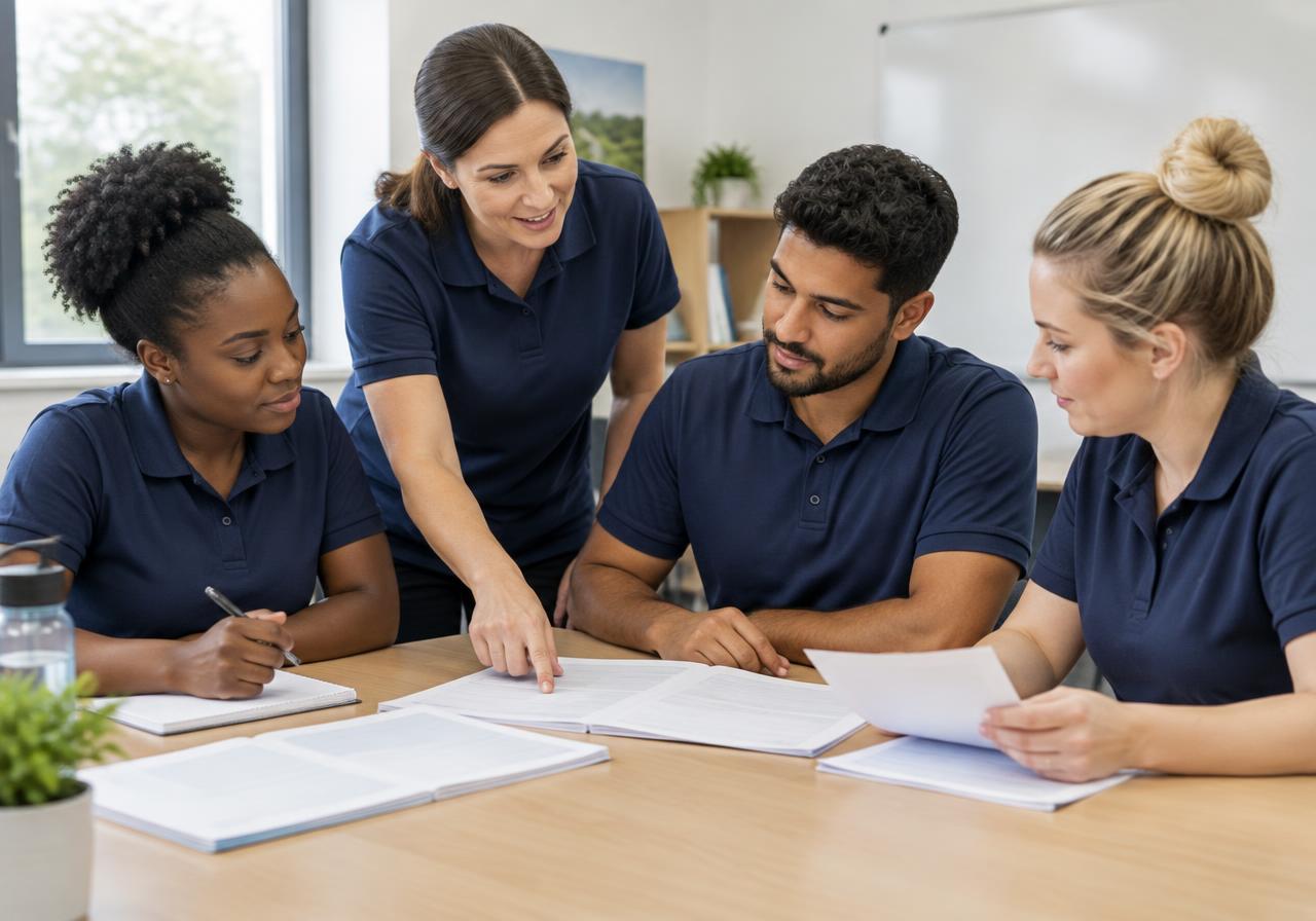 Illustrative care workers reviewing care plans during training