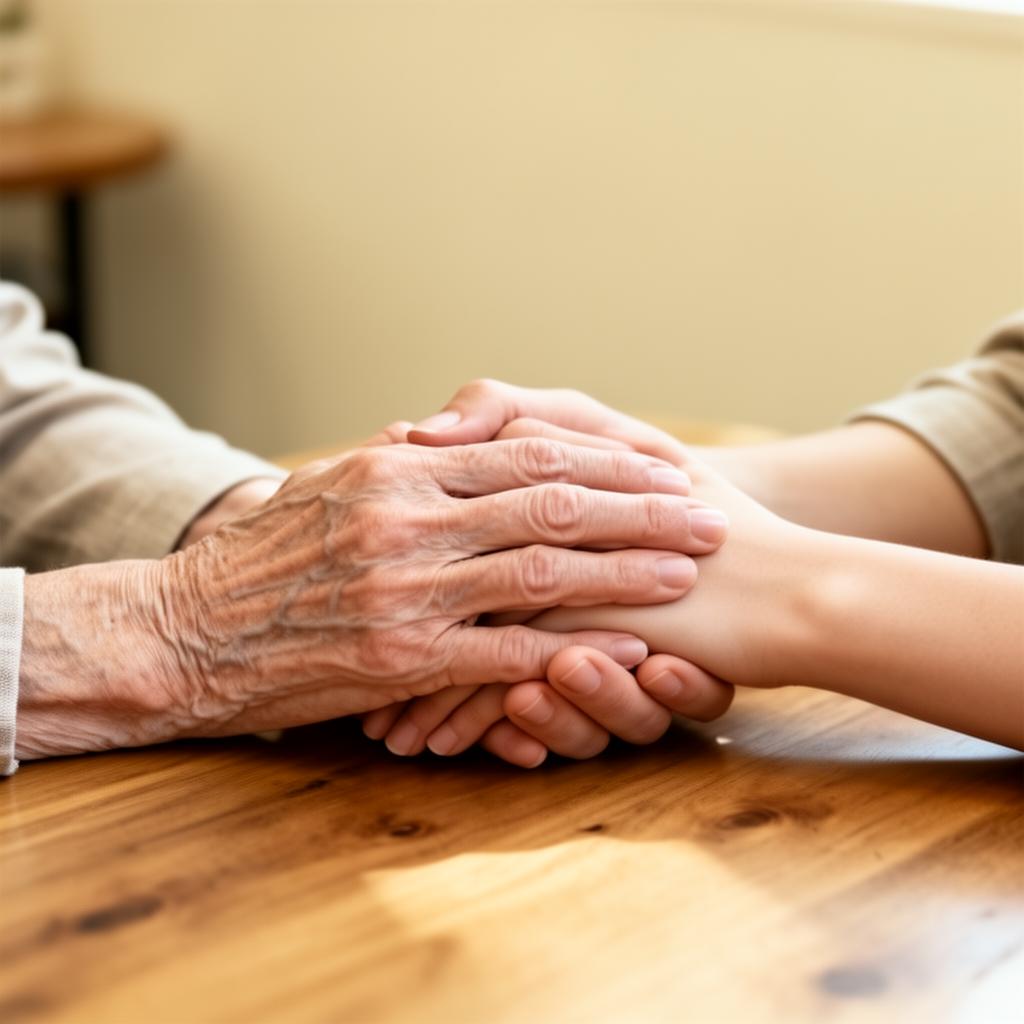 Two hands clasped together gently across a wooden table