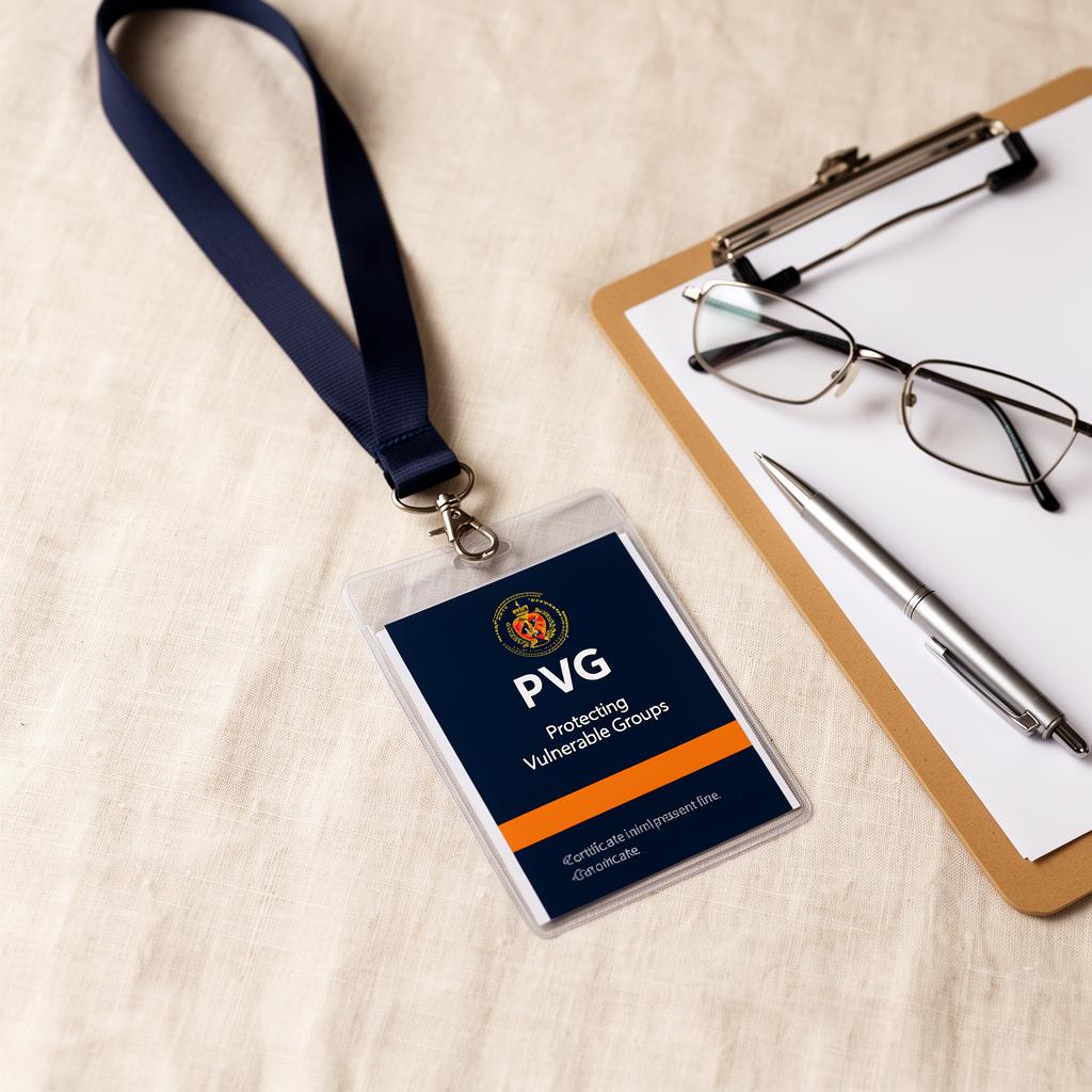 A PVG identification badge on a navy lanyard beside a clipboard and pen