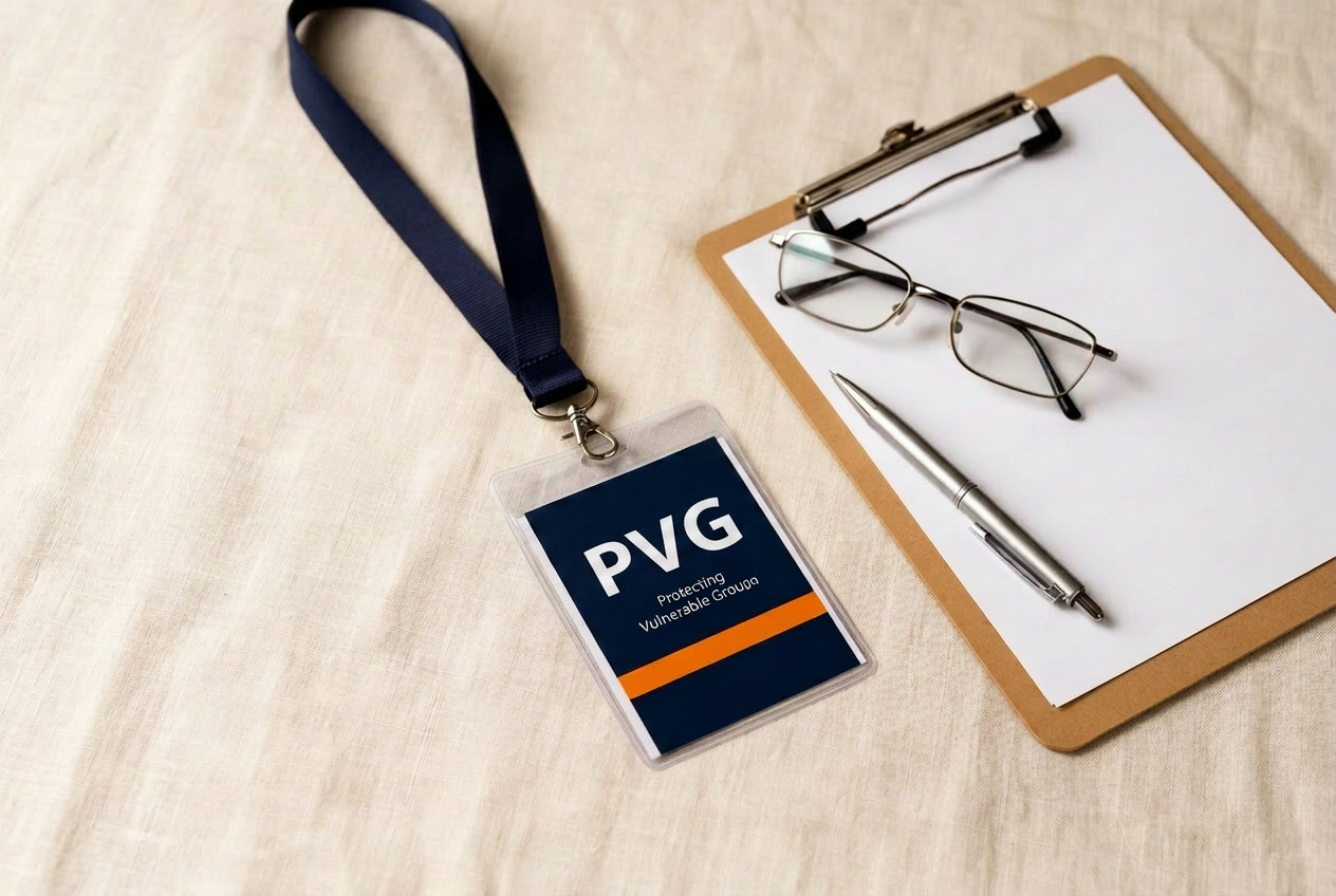 A PVG identification badge on a navy lanyard beside a clipboard and pen