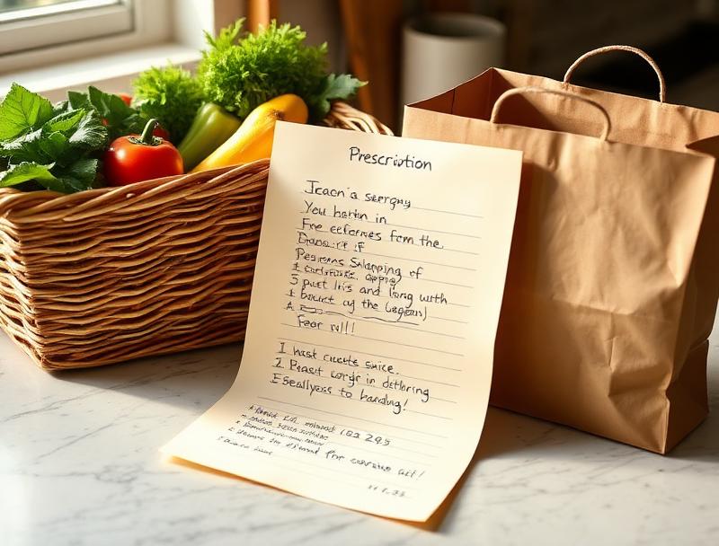 Shopping list with fresh vegetables on a kitchen counter