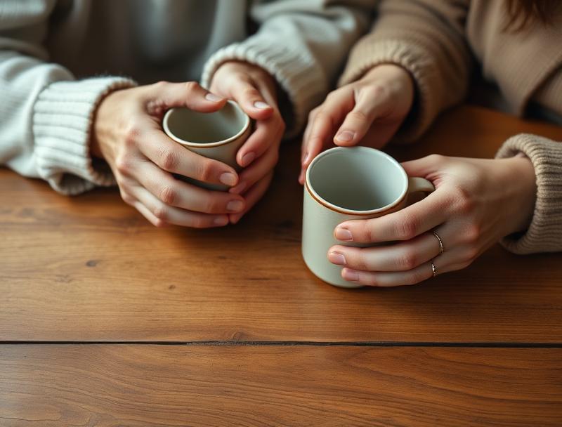 Two pairs of hands holding mugs on a wooden table