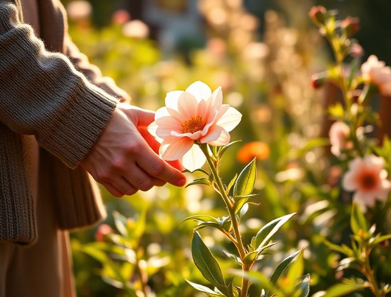 Hands tending to a blooming flower in a sunlit garden